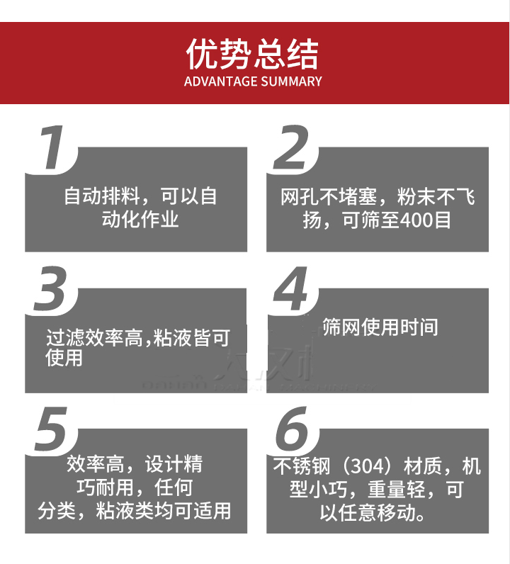 過濾篩優(yōu)勢總結(jié)：1，自動排料，可以自動化作用。2，網(wǎng)孔不堵塞，粉塵不飛揚，可篩至400目。3，過濾效率高，任何粒，粉，粘液也可使用。4，篩網(wǎng)設(shè)計大大提高了篩網(wǎng)使用時間，也魏換網(wǎng)提高了方便。5，效率高，設(shè)計精巧耐用，任何分類設(shè)計精巧耐用，任何分類，粘液類均可適用。6，不銹鋼材質(zhì)機型小巧，重量輕，可以任意移動。