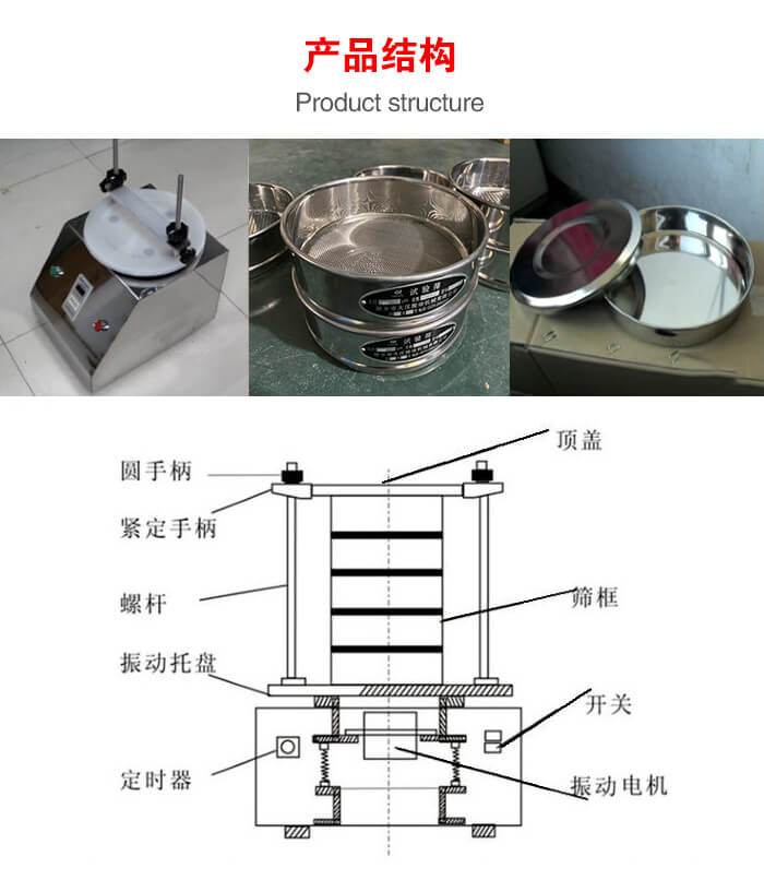 實(shí)驗(yàn)室振動(dòng)篩-試驗(yàn)篩結(jié)構(gòu)主要由：圓手柄，緊定手柄，螺桿，振動(dòng)托盤，篩框，頂蓋等。